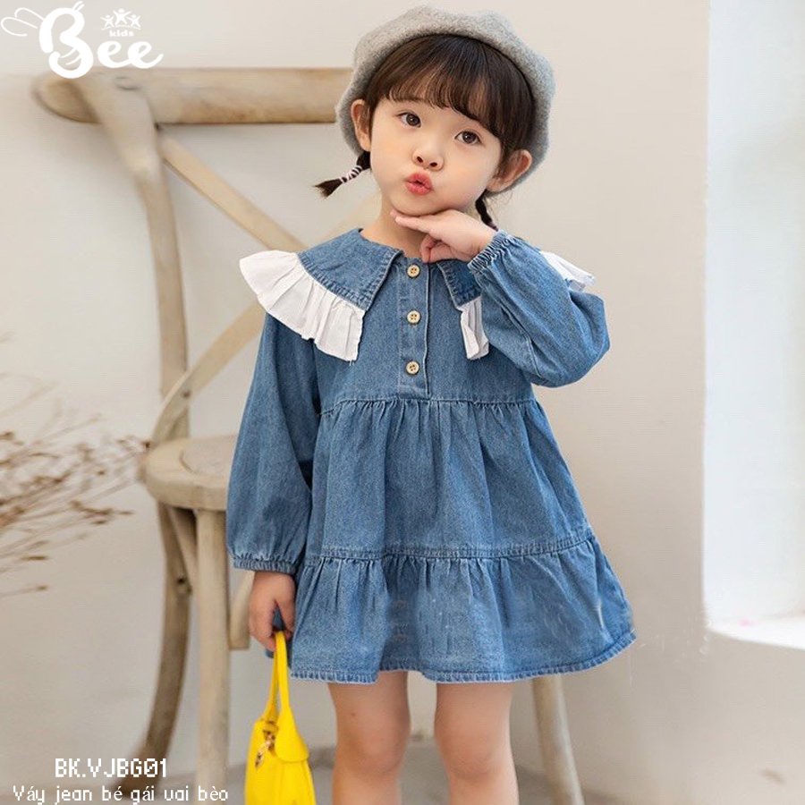 Váy Jean xòe vai bèo bé gái | BEE Kids