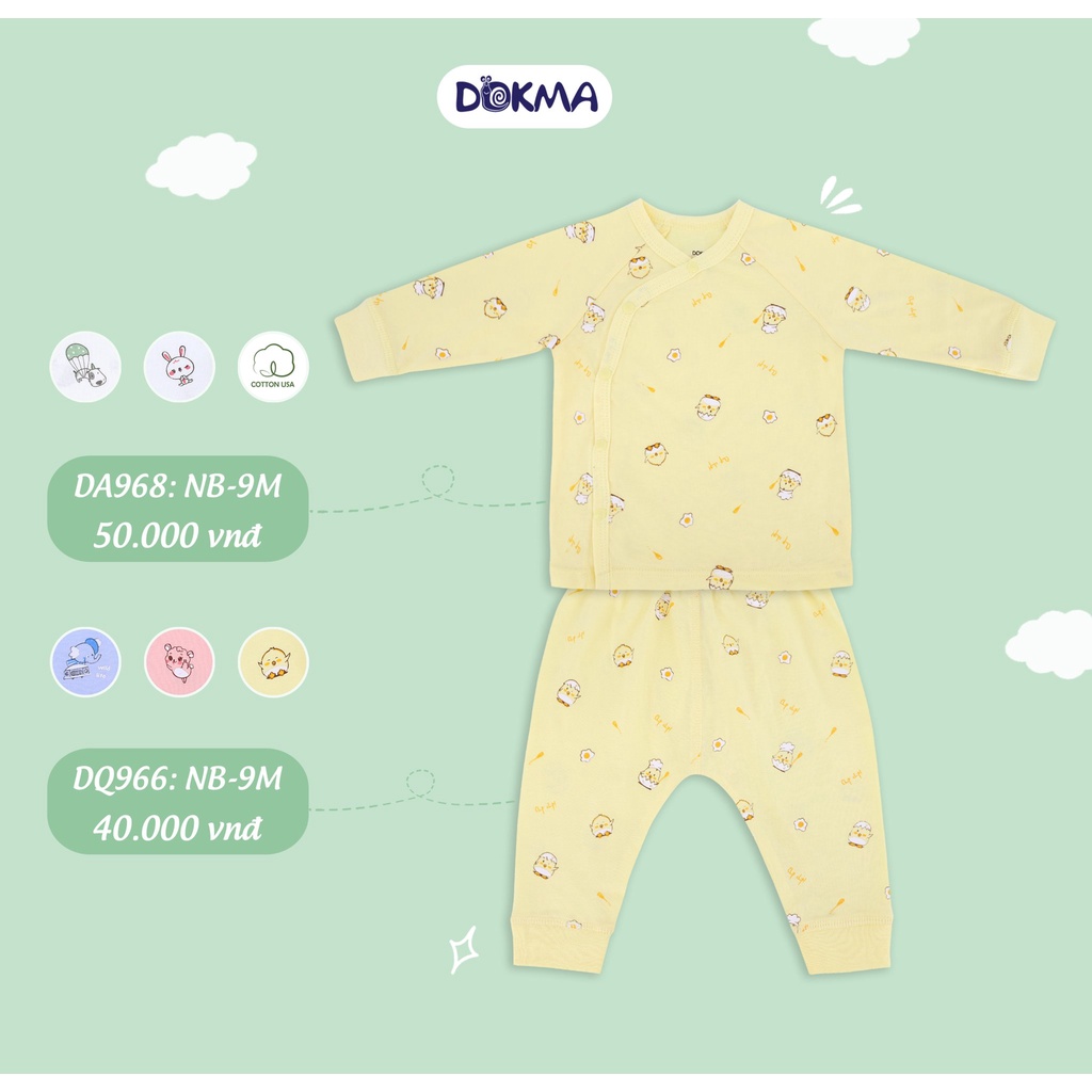 DB966/968 Bộ sơ sinh cài lệch, cài giữa dài tay cotton Dokma (0-9M)