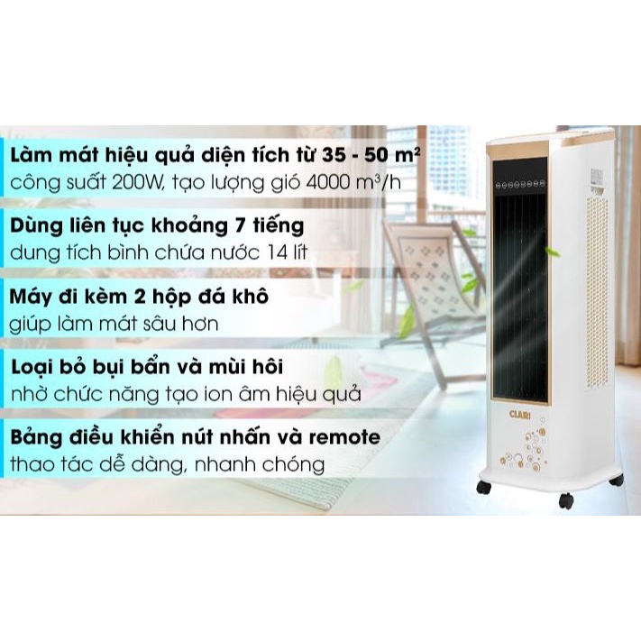 Quạt điều hòa hơi nước làm mát Clari FL-926-2 Công suất 200W, Bình nước 14 lít, Bảo hành 12 tháng