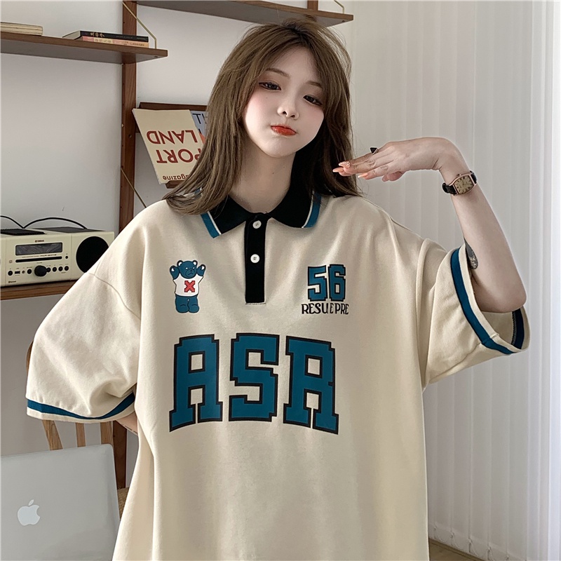 Áo polo Tay Ngắn Dáng Rộng In Chữ Phong Cách Retro Thời Trang Mùa Hè Cho Nữ
