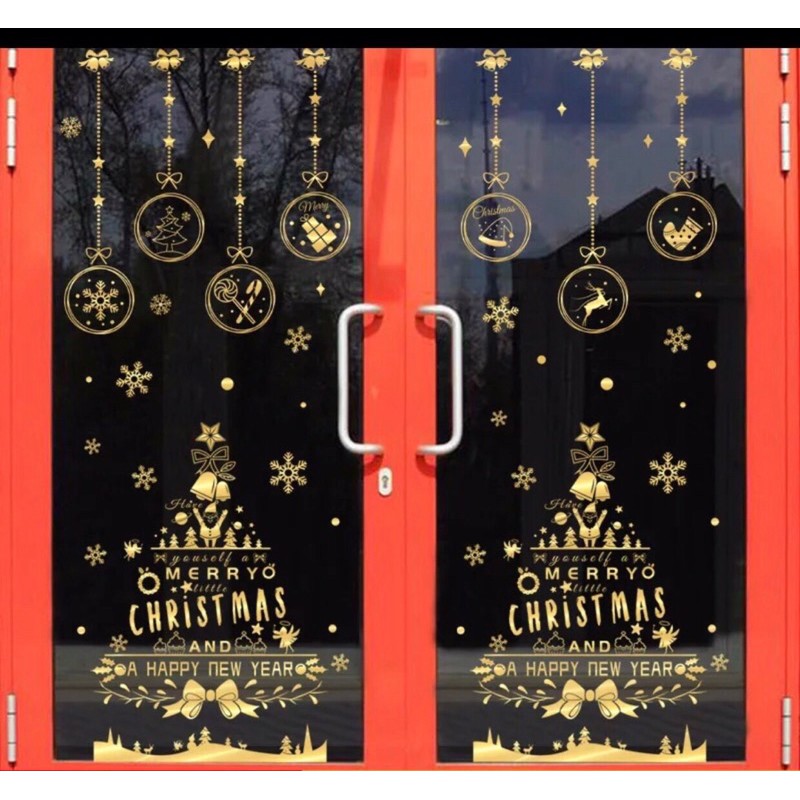 COMBO DECAL NOEL - Cặp Thông phối Rèm dây treo phụ kiện ánh vàng ( 3 tấm )