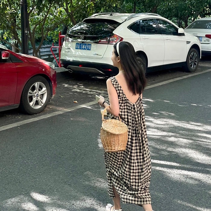 Đầm sát nách phối dây rút họa tiết sọc caro phong cách mùa hè thời trang cho nữ