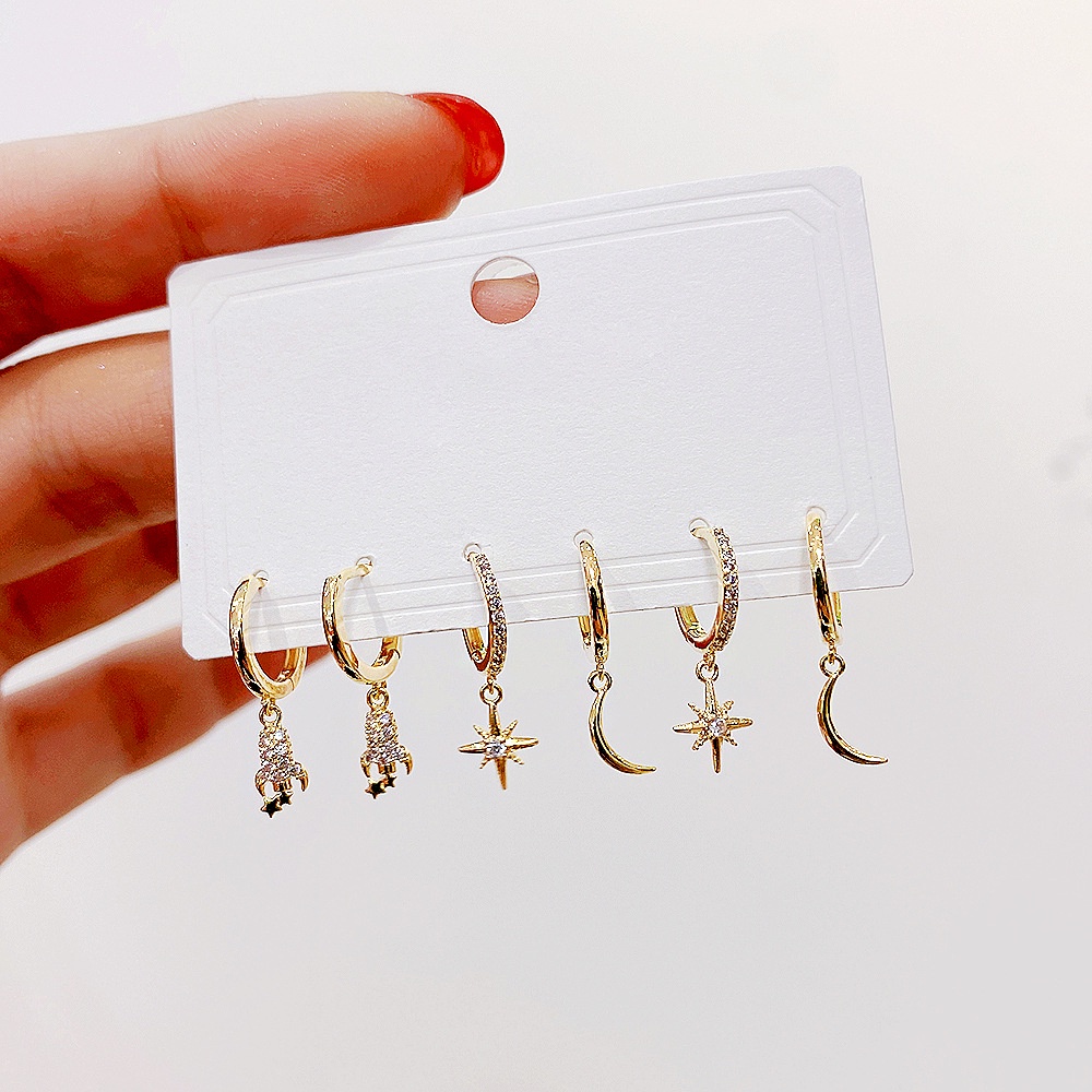 Set 6 Khuyên Tai Tròn Đính Đá Thời Trang Dành Cho Nữ