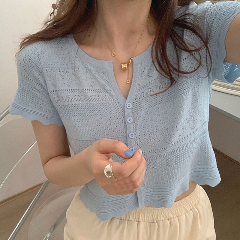 Brroa Áo Croptop Dệt Kim Mỏng Tay Ngắn Đính Nút Họa Tiết Hình Học Rỗng Phối Ren Cho Nữ Jack