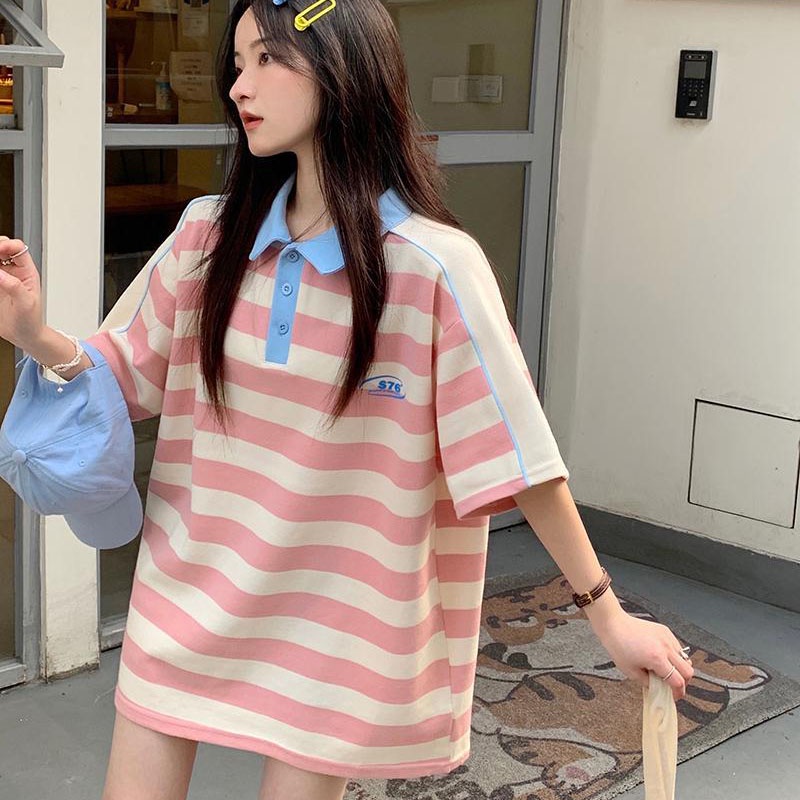 Áo polo IELGY tay ngắn dáng rộng họa tiết sọc màu sắc tương phản thời trang dành cho nữ