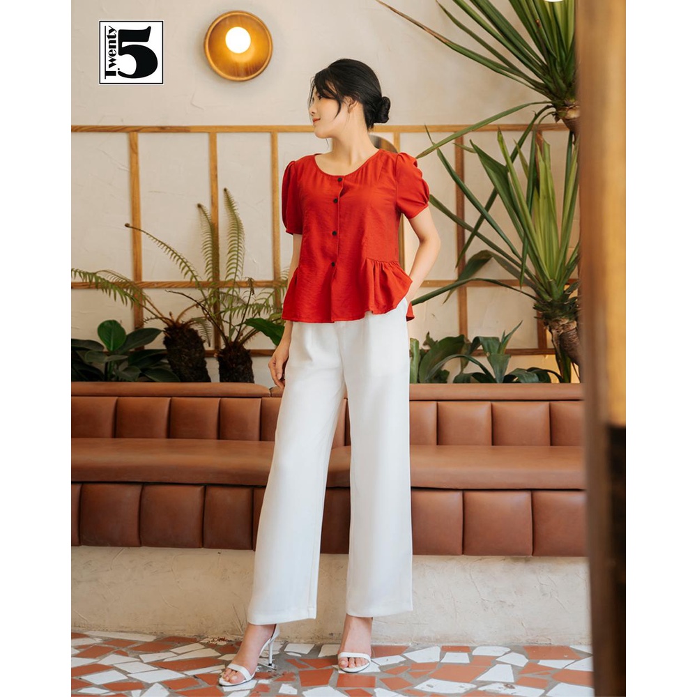 Áo sơ mi nữ công sở đỏ vintage viền gấu bèo cổ tròn Twentyfive SA11