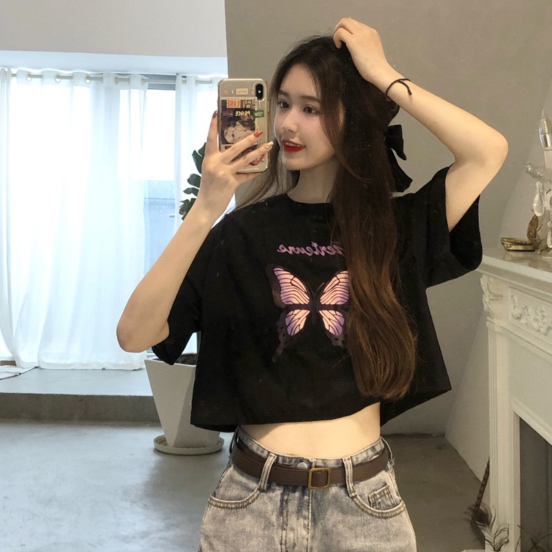 Áo thun croptop nữ form rộng tay ngắn ulzzang in hình Bướm trẻ trung phong cách Hàn Quốc C15 - MaoMao