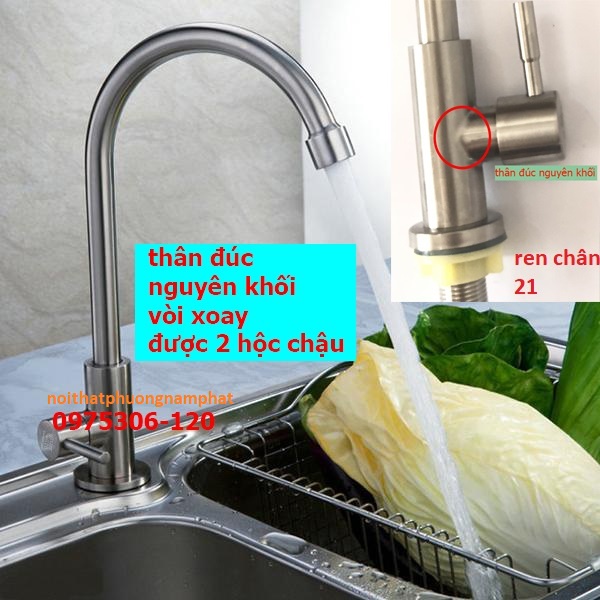 [GIÁ SỈ] Vòi Rửa Chén Bát Lạnh Inox 304 quay 360 độ dùng cho 2 hộc chậu N5002 Fotar vòi nước mạnh inox không han gỉ