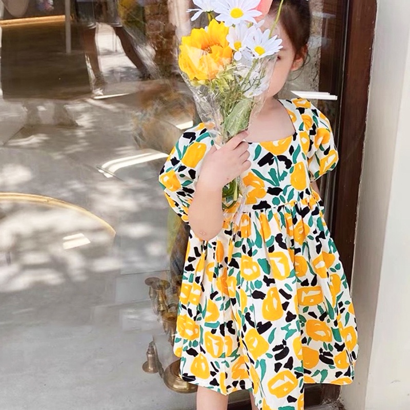 Đầm cho bé gái, Đầm hoa tay phồng cho bé 8-22kg chất thô mềm dáng xòe đan lưng và có khóa kéo đáng yêu