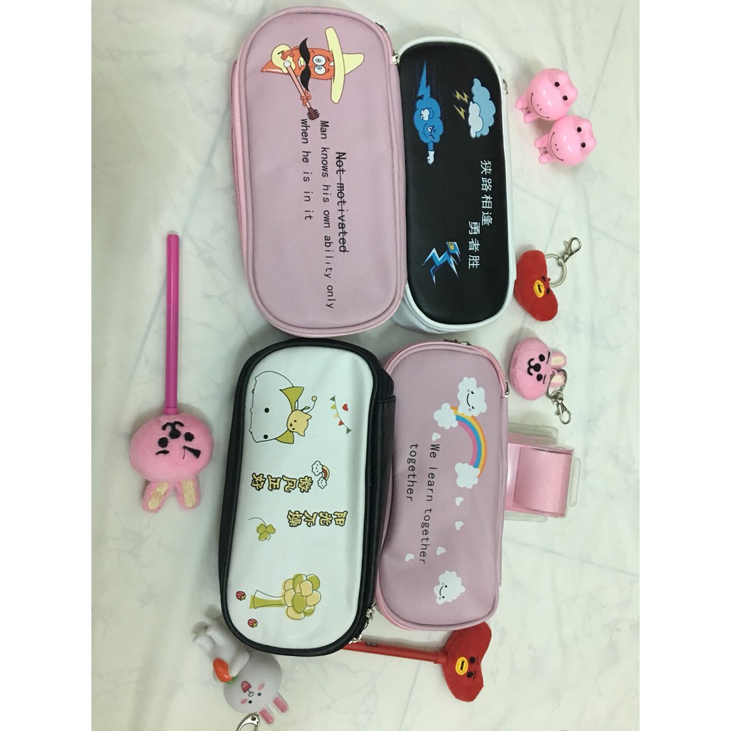 Bóp viết da size to hoạt hình trắng/hồng/đen