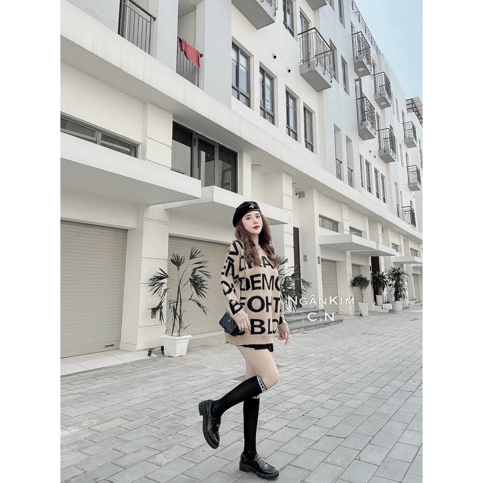 áo len nữ form rộng, áo len nữ họa tiết chữ cá tính phom oversize rộng dấu quần chất len dày dặn bo viền xịn sò hàng hot | BigBuy360 - bigbuy360.vn