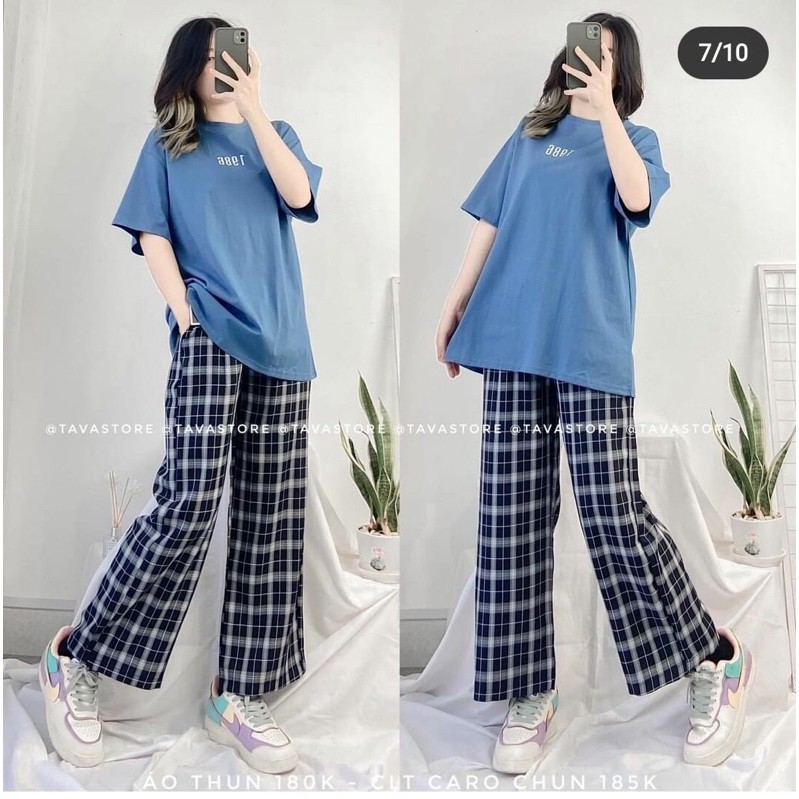 [ Rẻ Vô Địch ] Set Bộ Áo Cotton Tay Lỡ Unisex 1986 + Quần Kẻ Nữ Caro Lưng Cao Dáng Rộng Ống Xuông