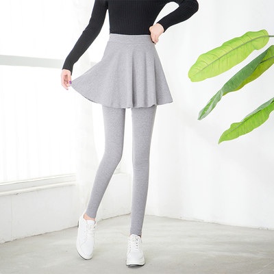 Quần Legging Hai mảnh giả cotton mùa thu đông phong cách Hàn Quốc váy nữ mặc ngoài eo cao váy xếp li quần dày không có đ