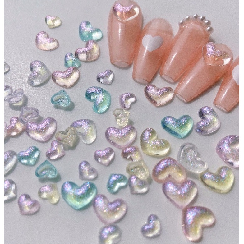 Set 10 charm nơ, gấu, tim, tim đào xà cừ ánh nhũ mix màu đính móng