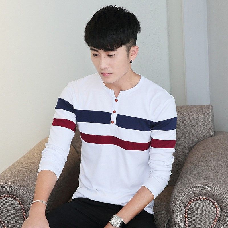 Áo thun nam tay dài cổ tròn đính nút chất thun cotton phối màu sọc ngang, mẫu áo thun nam ulzzang thời trang thu đông