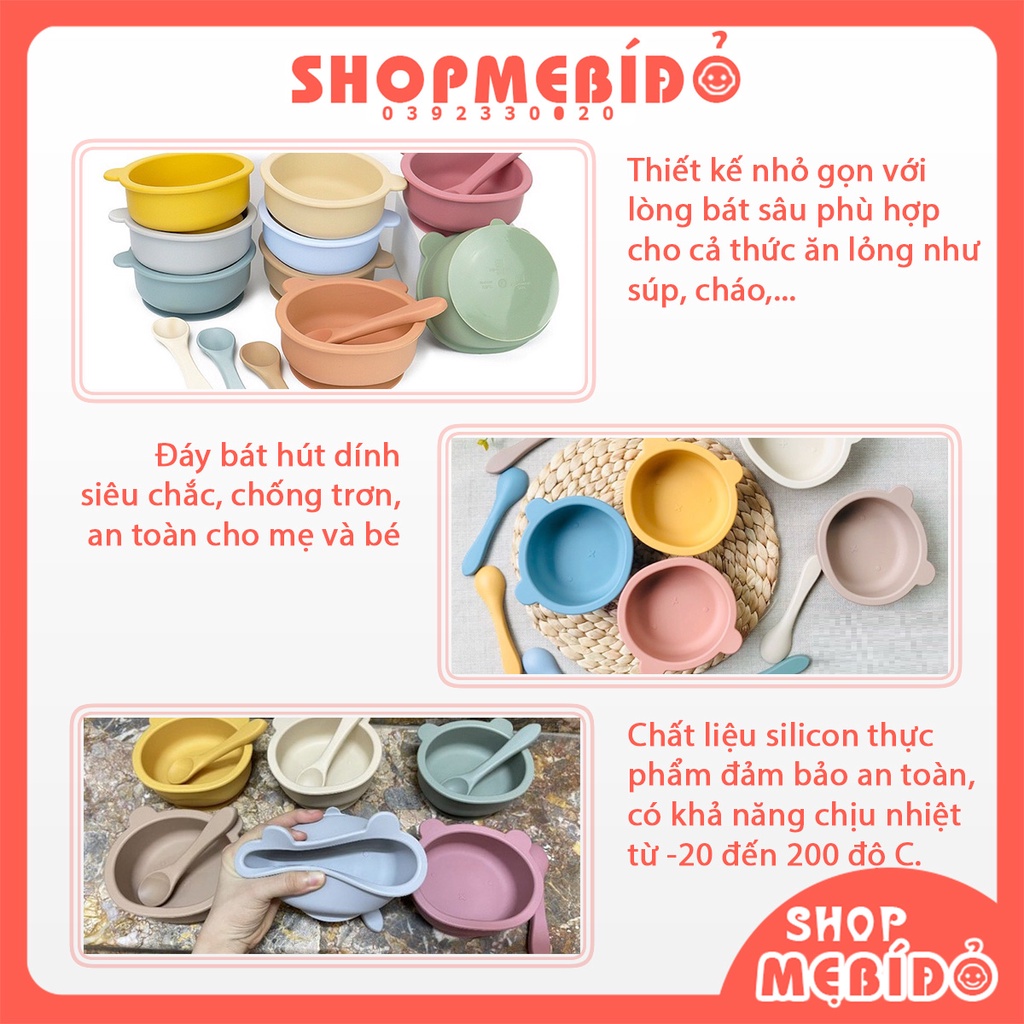 Bát Ăn Dặm Kèm Thìa Silicon Hình Gấu Cho Bé Đế Hít Chân Không Chống Lật Shop Mẹ Bí Đỏ AD64