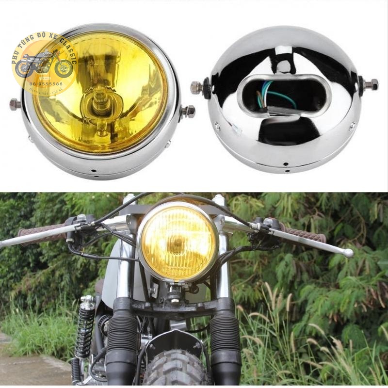 Đèn pha xe máy độ Classic gáo đèn tròn sơn tĩnh điện kính thủy tinh trong đường kính 16cm