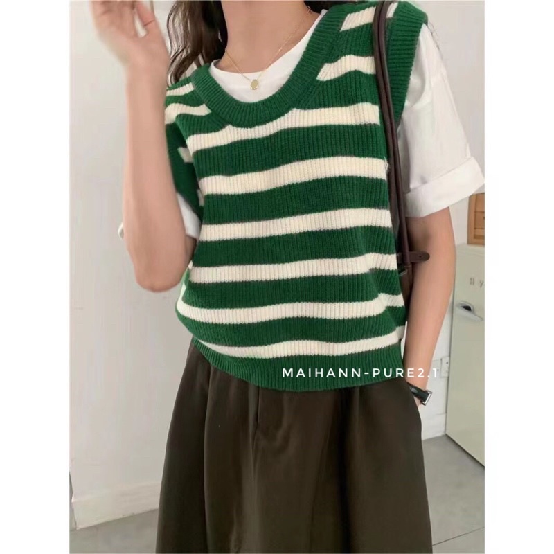 Áo gile kẻ sọc to 4 màu siêu hàn quốc