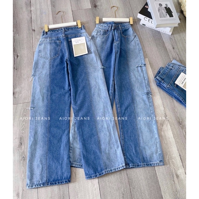 Quần Jean Ống Rộng AIORI Lưng Cao Loang Màu Rách Hông_A048