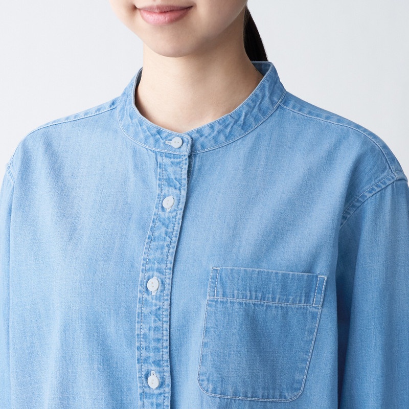 Muji Áo Sơ Mi Denim Cotton Ấn Độ Cổ Trụ