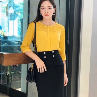 [Ảnh thật - có clip ] Chân váy bút chì peplum cúc gỗ