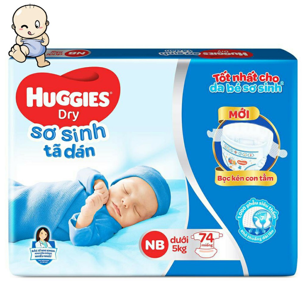 [Tặng 10 miếng] Tã dán sơ sinh Huggies NB74 (dưới 5kg) - Bọc kén con tằm 360° mới