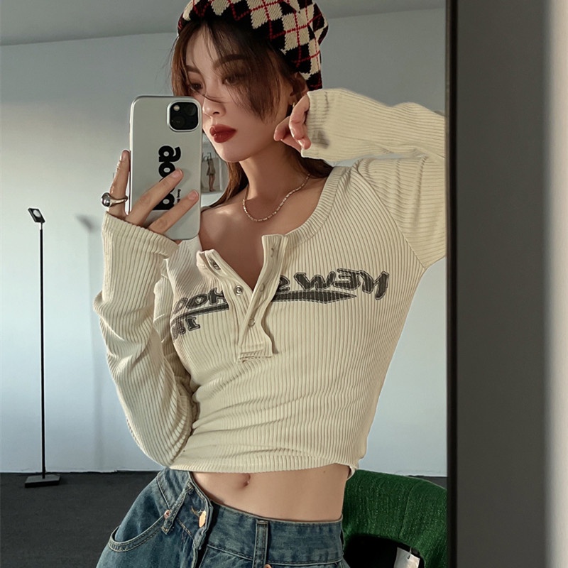 Áo Thun Tay Dài Dáng Ôm In Chữ Thời Trang Thu Đông