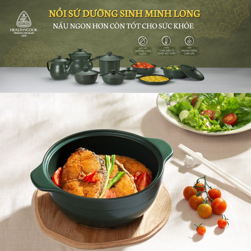 [Tặng đế lót gỗ + Chén cơm ] Nồi sứ dưỡng sinh 2 quai Minh Long I (2.6L)