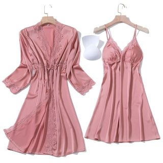 Sét bộ áo choàng lụa phối ren cao cấp có mút nâng ngực