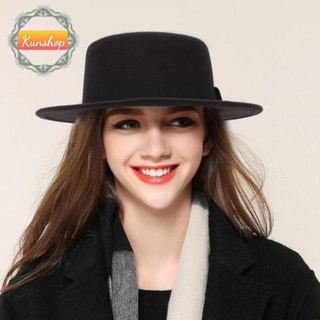Mũ nón dạ fedora vành phẳng đai đen siêu sang chảnh