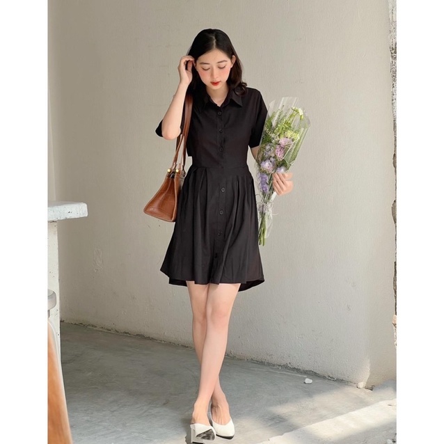 ĐẦM SƠ MI ĐEN DÁNG XOÈ HỞ LƯNG UNISEX ĐƠN GIẢN BASIC SUN FASHION