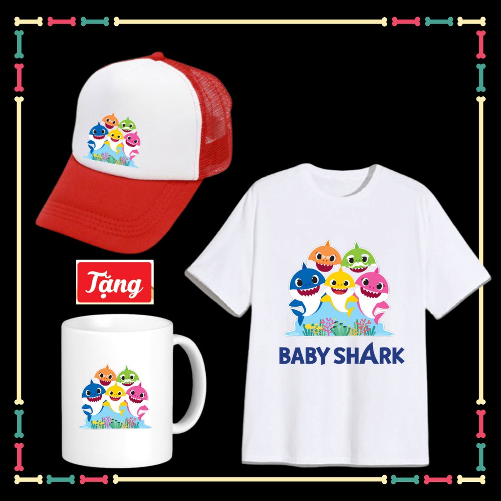 Combo Áo Mũ baby Shark dễ thương cho trẻ em Tặng Ly sứ in hình Baby Shark