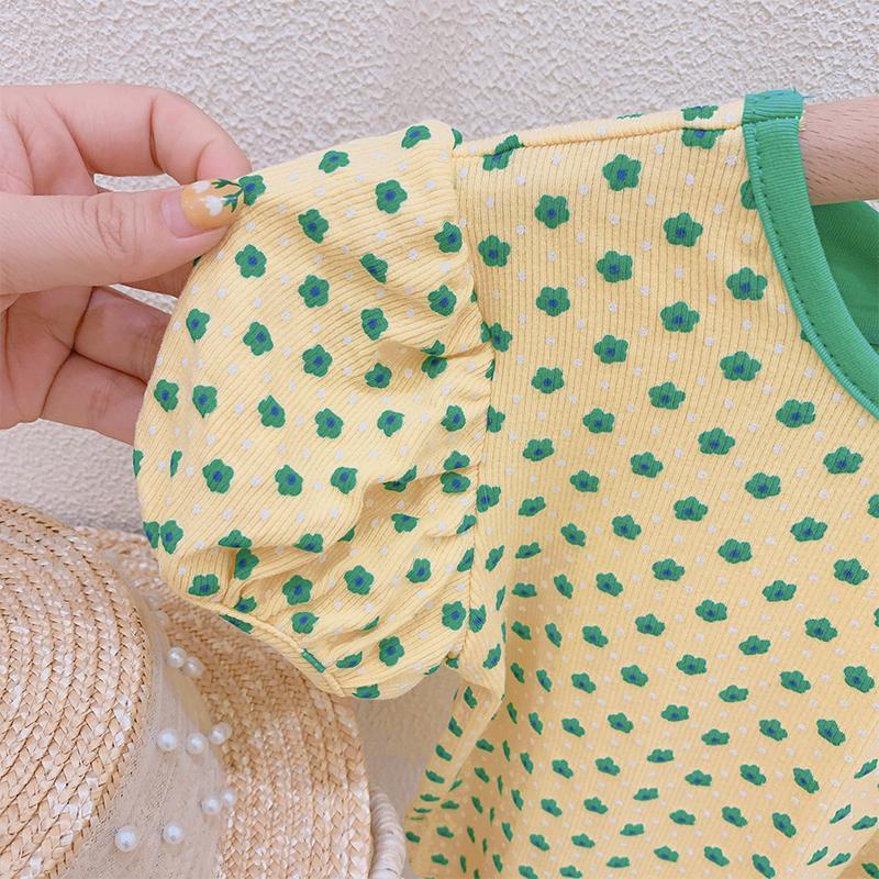 Áo Thun Tay Phồng Ngắn Thắt Nơ Lưng Màu Vàng Tương Phản Phong Cách Hàn Quốc Dành Cho Bé Gái