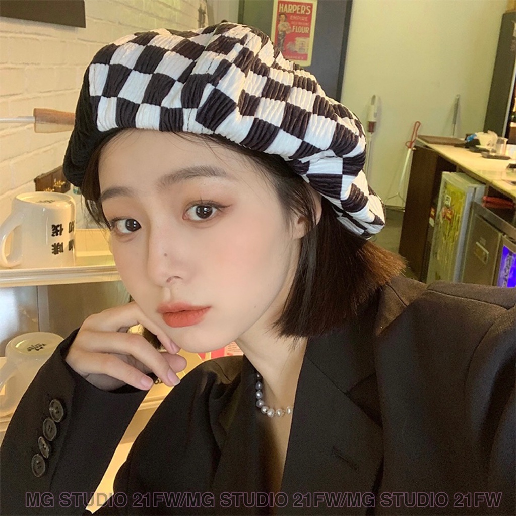 Mũ beret MG STUDIO màu đen họa tiết sọc ca rô