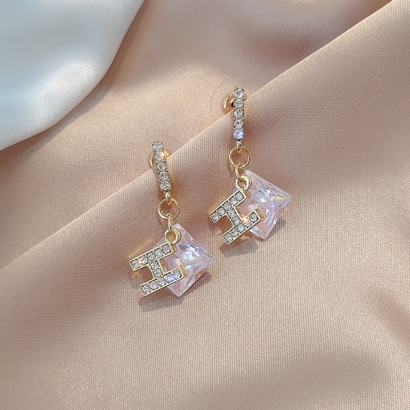 Bông Tai Chữ H Đính Đá Zircon Bằng Bạc 925 Thời Trang
