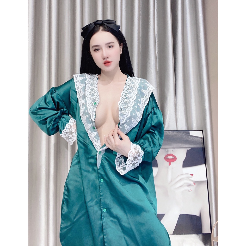 Đầm ngủ sơ mi bigsize váy ngủ lụa phối ren quyến rũ