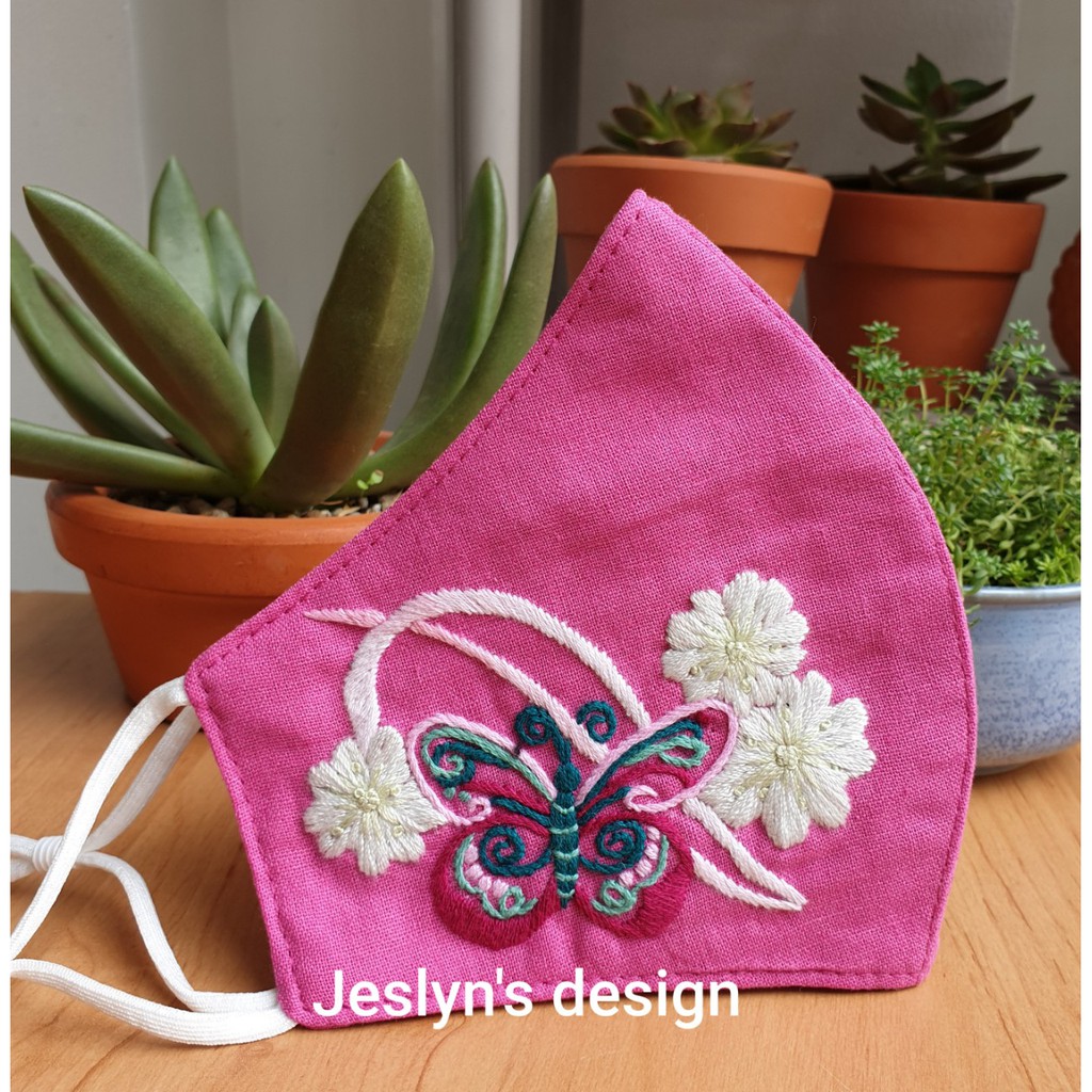Khẩu trang thêu tay vải linen hình cánh bướm vườn xuân JL248x-Hand embroidered masks