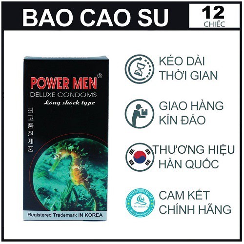 Bao cao su Gai POWERMEN LONG SHOCK [CHÍNH HÃNG 100%] - Cao Cấp Chính Hãng Hàn Quốc - Hộp 12c, BCS Gân Gai_Cực kéo dài