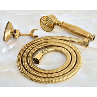 Đầu vòi hoa sen cầm tay bằng đồng thau màu vàng sang trọng + Vòi sen 1,5m + Giá đỡ vòi hoa sen treo tường yh044
