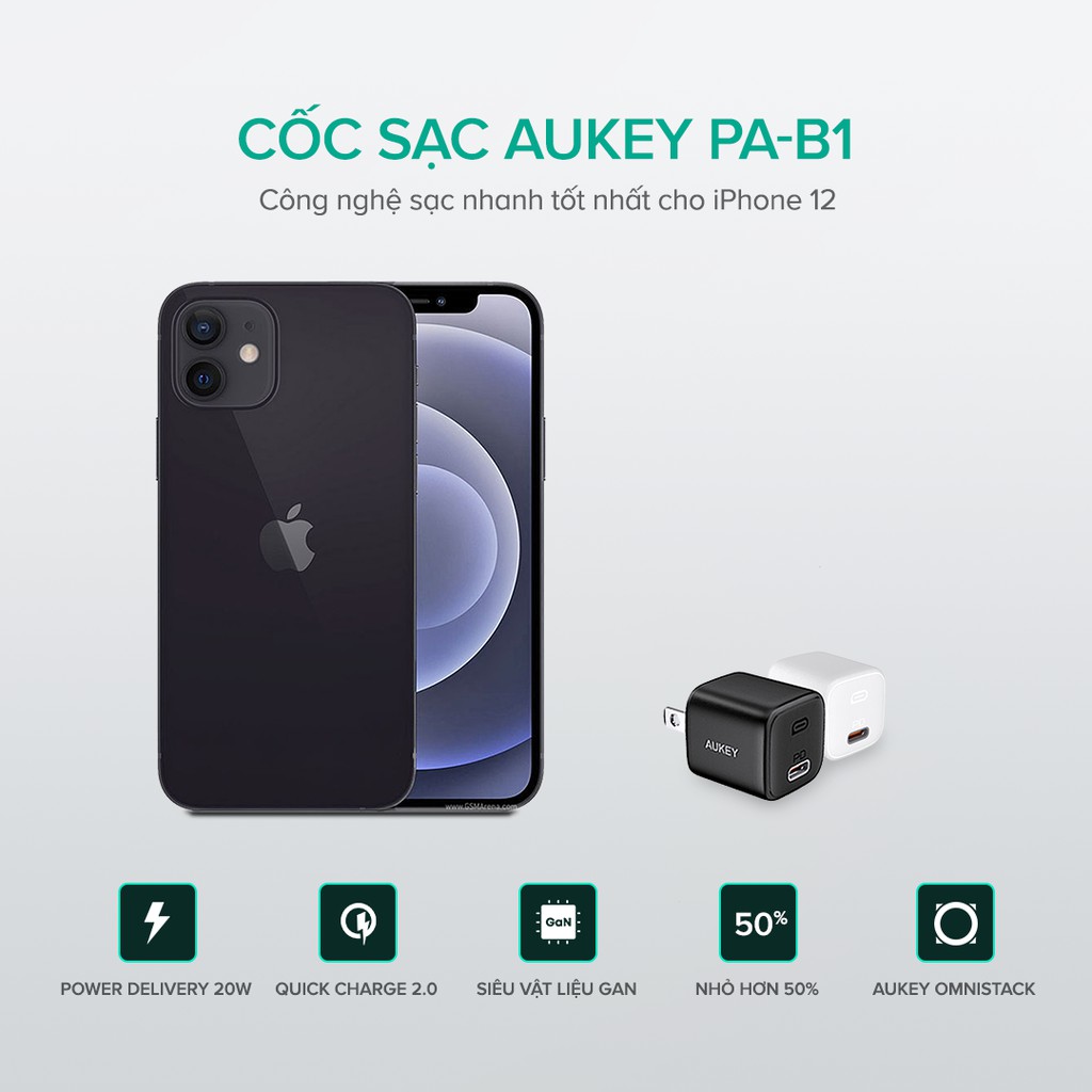 Cốc Sạc Nhanh 20W Omnia Aukey PA-B1, Sạc Nhanh 2 Trong 1 PD 20W + QC 18W-Hàng Chính Hãng