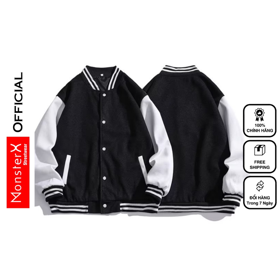 Áo Khoác Varsity Jacket Đen tay trắng MonsterX bomber bóng chày basic nam nữ form rộng Local Brand