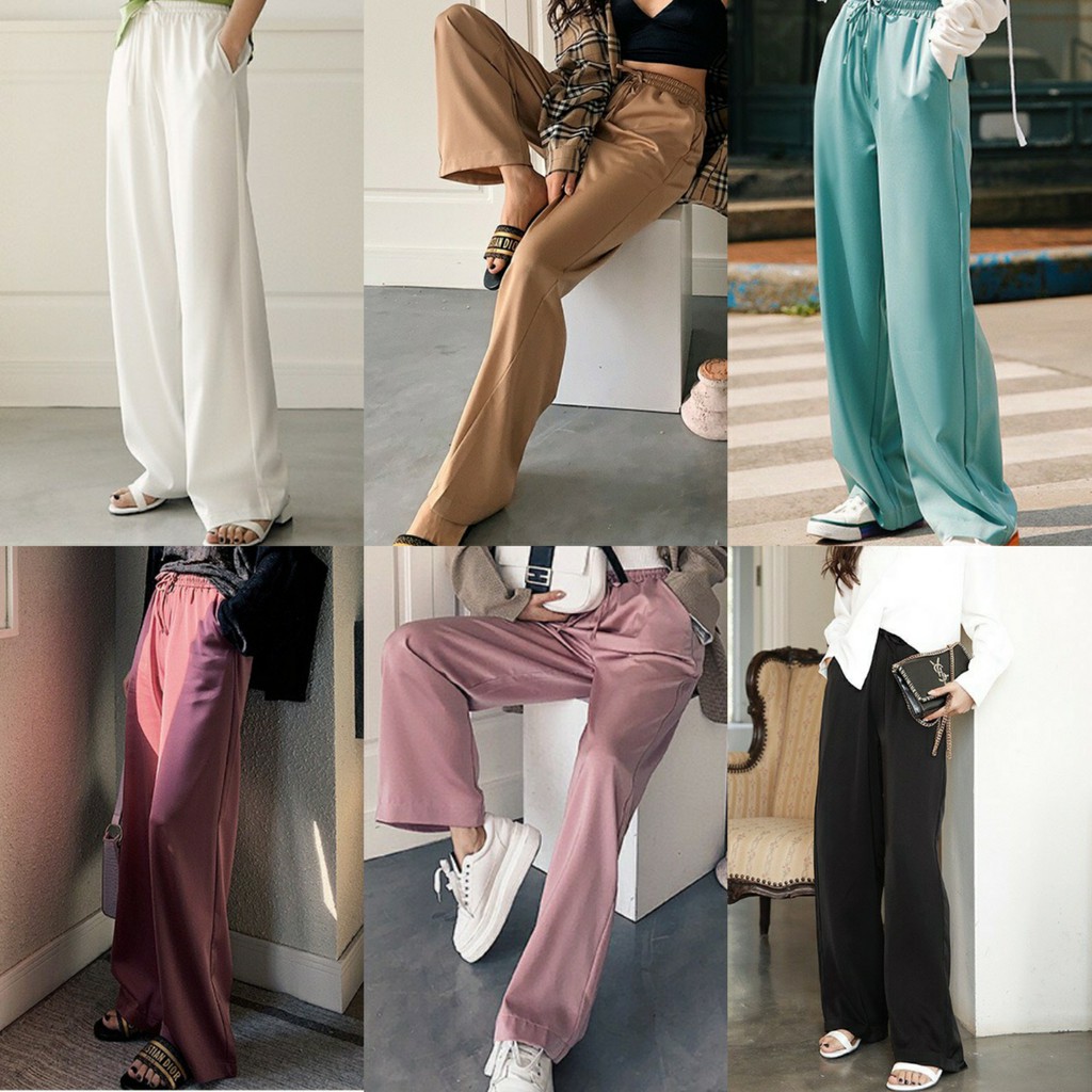 Quần suông lưng thun ống rộng lụa satin cao cấp