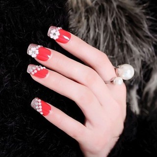 Bộ 24 móng tay giả đính đá đỏ kèm keo + Tặng miếng dán/ dũa móng
