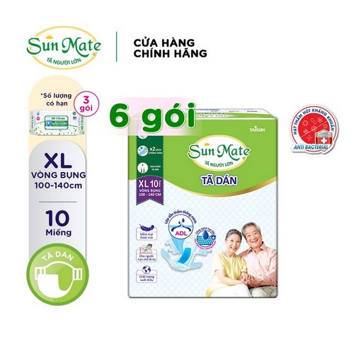 [Tặng 3 gói khăn giấy UniFresh] Combo 6 Tã Dán SUNMATE XL10