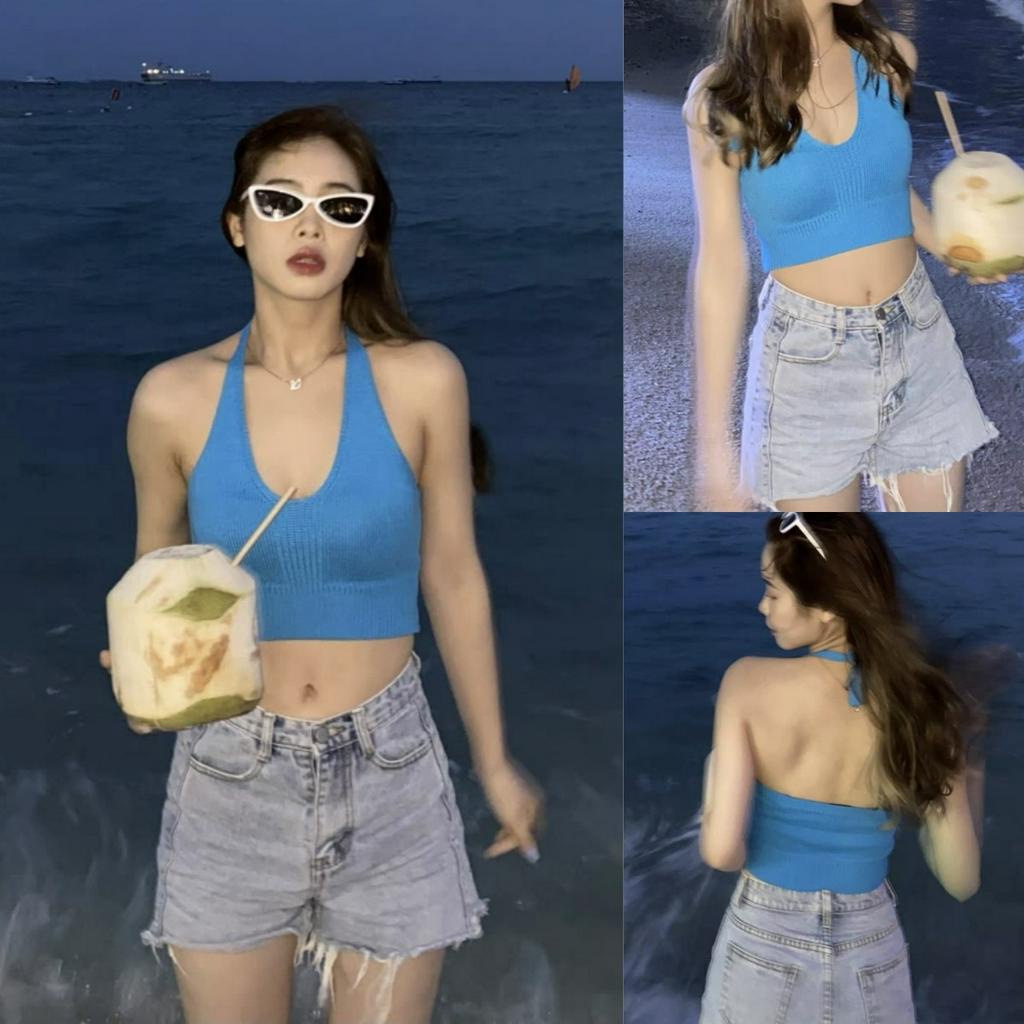 Áo Croptop Dệt Kim Sát Nách Cổ Chữ V Màu Trơn Thời Trang Cho Nữ