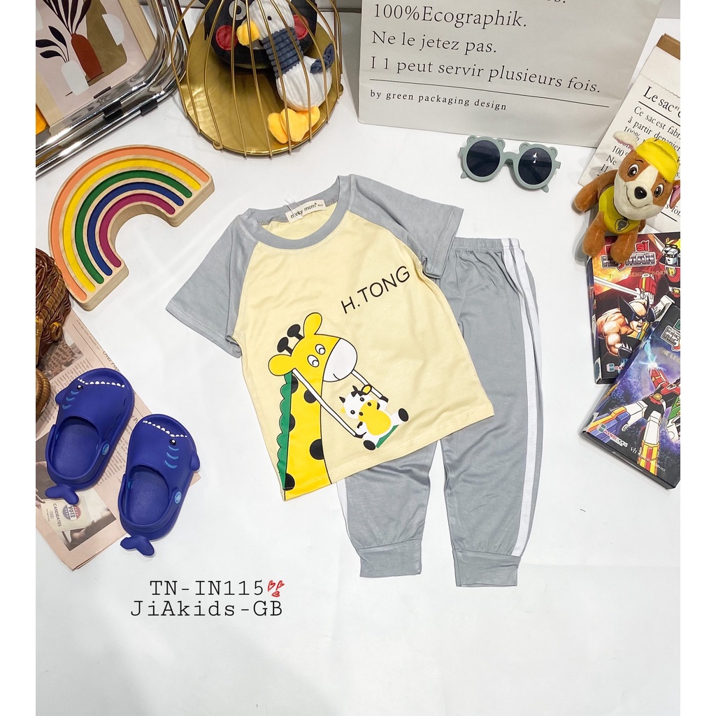 Bộ Tay Ngắn Quần Dài THUN LẠNH MINKY MOM Quần Chạy Sọc Áo In Hình Dễ Thương Cho Bé TN-IN115