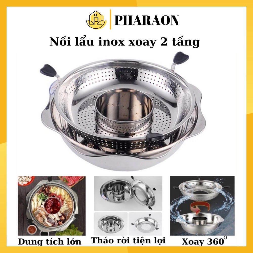 Nồi lẩu inox xoay 2 tầng Hàn Quốc Nồi lẩu inox 2 tầng dùng được cả bếp từ và bếp gas - Dung