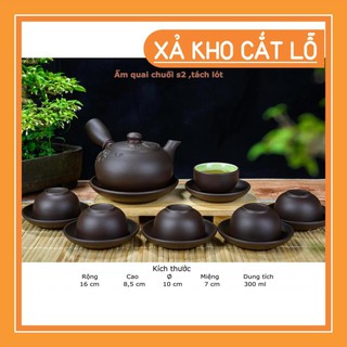 Siêu Sale - Ấm chén tử sa quai ngang đắp nổi hoa đào Bát Tràng