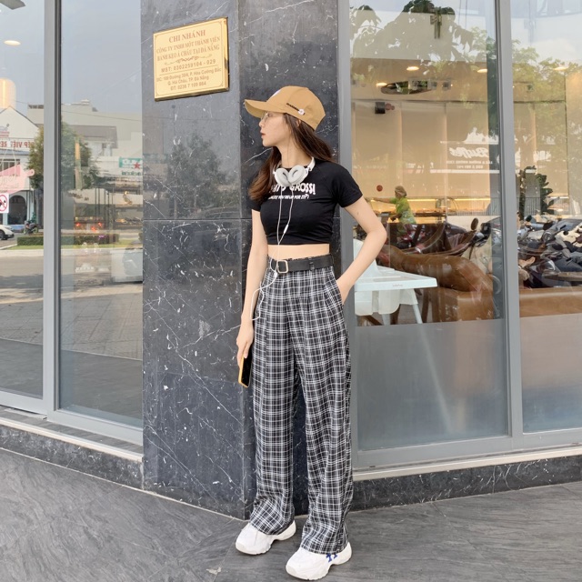 Quần kẻ caro ống suông cạp cao ( hình shop tự chụp ). | BigBuy360 - bigbuy360.vn