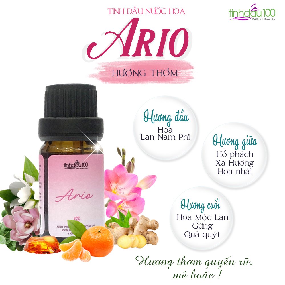 Tinh dầu nước hoa Ario xông thơm phòng, xe ô tô, ngâm tắm, massage lọ 10ml Tinh Dầu 100 Official